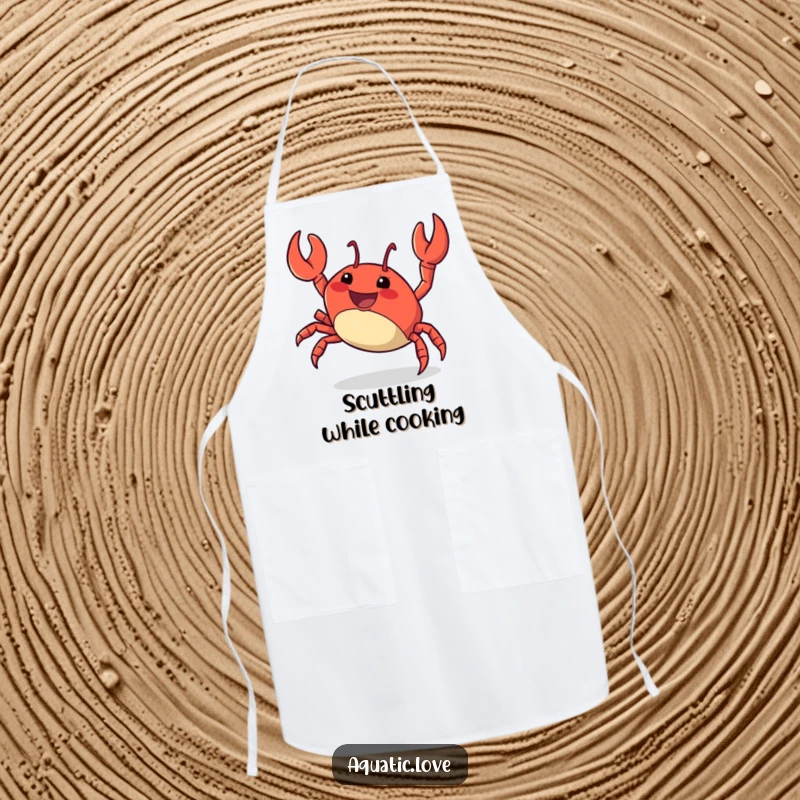 Funny Apron showcasing a delighted crab character energetically scuttling sideways, perfect for a fun-loving cook.