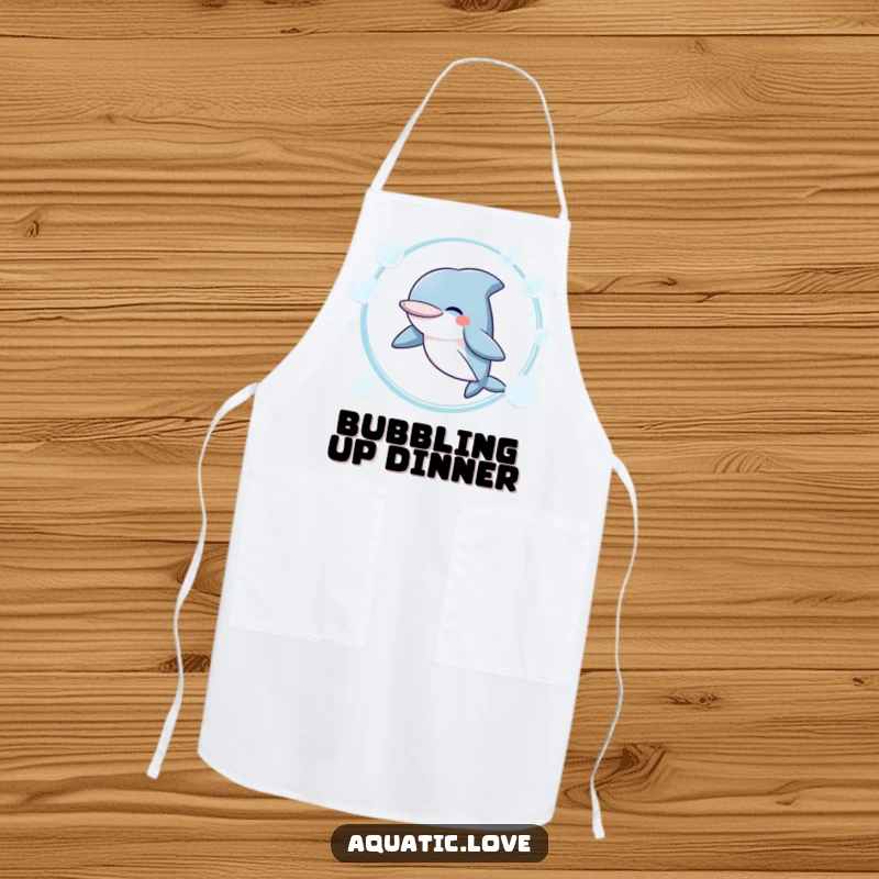 Funny Apron showcasing a giggling dolphin character leaping through a hoop of bubbles, adding a splash of fun to kitchen activities.