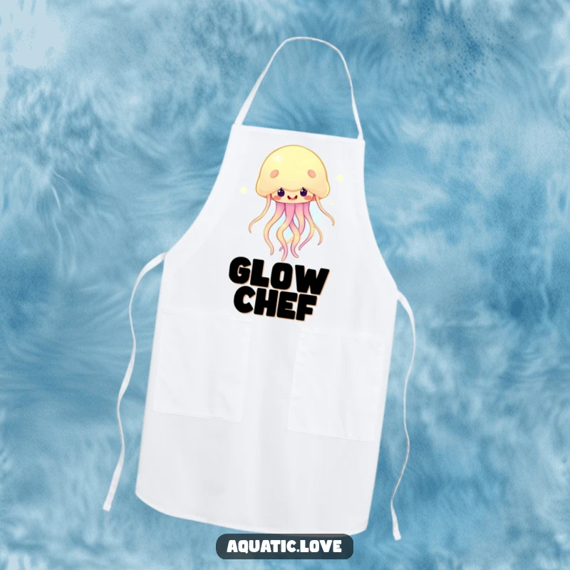 Funny apron featuring a happy jellyfish with glowing tendrils bobbing cheerfully, perfect for adding a touch of fun to cooking.