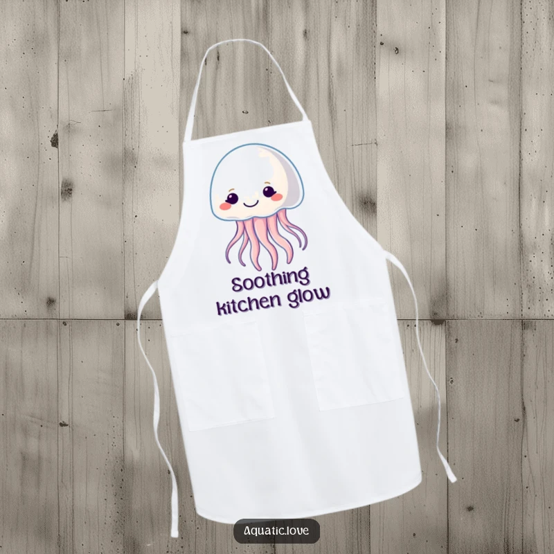 Funny apron with a smiling jellyfish character gently pulsating with soft light, adding a touch of magic to cooking.