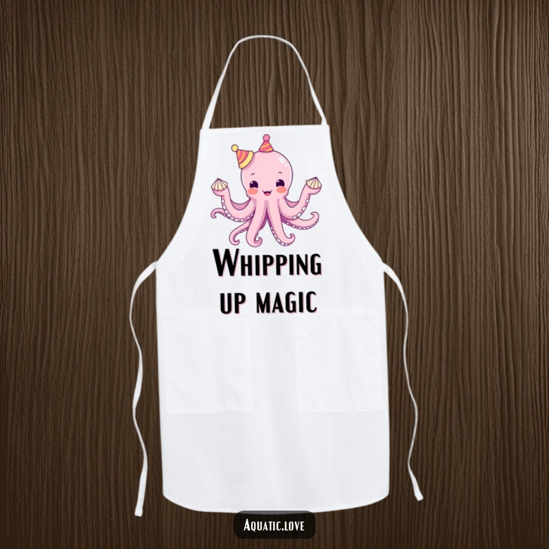 Funny octopus apron showing a delighted creature juggling seashells with tiny hats on each tentacle, bringing kitchen humor.