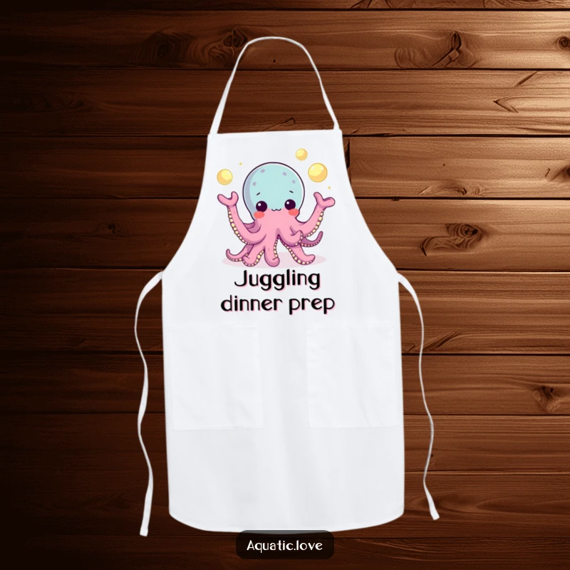 Funny Apron featuring a playful octopus character juggling glowing pearls with its tentacles, ideal for a skillful and fun cook.
