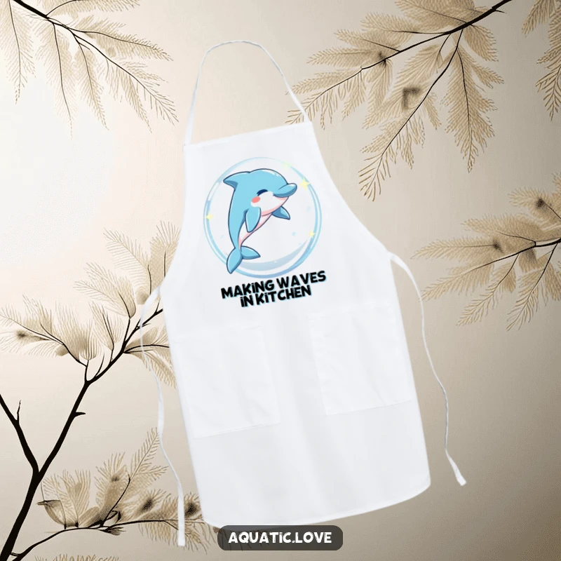 Funny apron with a playful dolphin leaping through a sparkling bubble arch, adding a touch of whimsy to cooking.