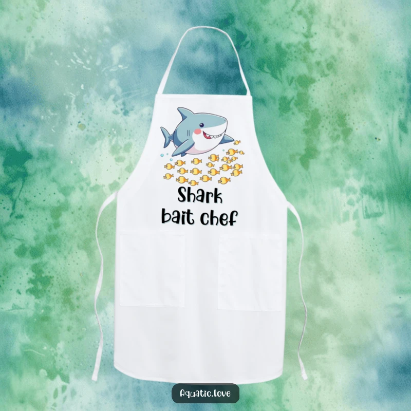 Funny apron showing a playful shark with small fins playfully chasing tiny fish, perfect for adding fun to cooking.