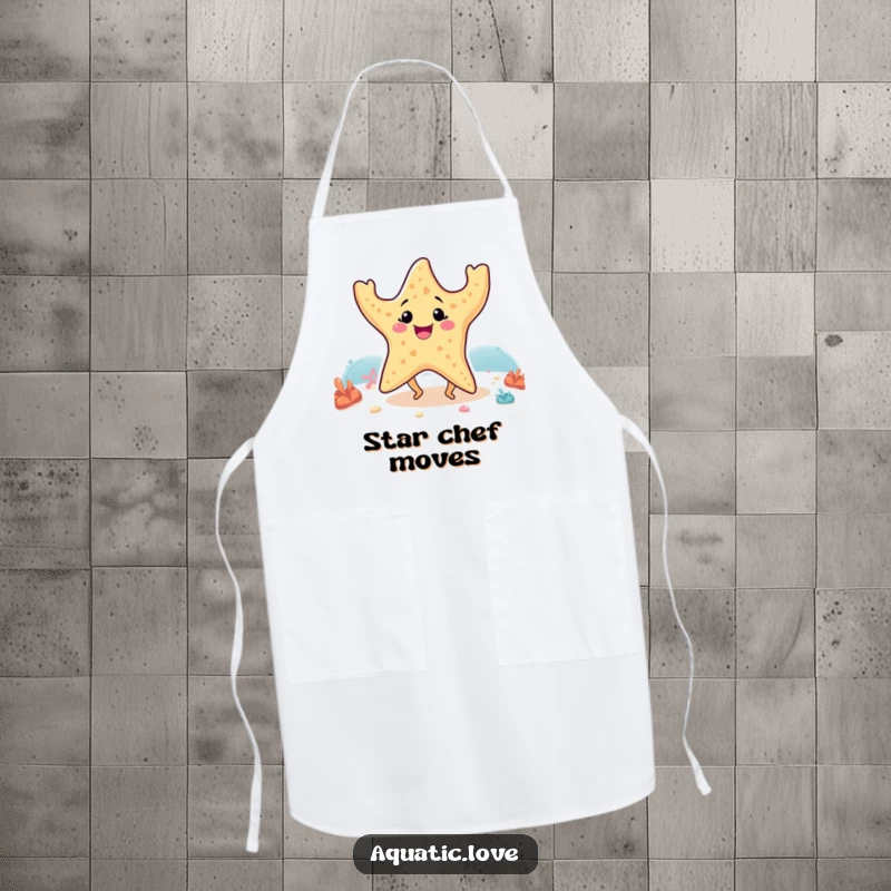 Funny apron featuring a smiling starfish with tiny legs doing a happy dance on the seabed, bringing humor to cooking.