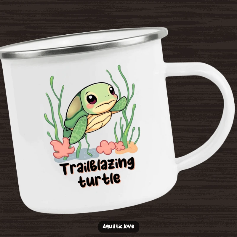 Funny camping mug featuring a curious sea turtle with a determined look navigating through playful seaweed, perfect for adventurers.