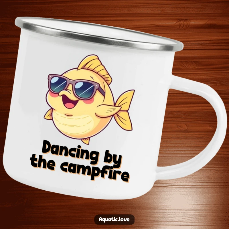 Funny Camping Mug featuring a cheerful fish character wearing tiny sunglasses, doing a funny dance, ideal for outdoor fun.