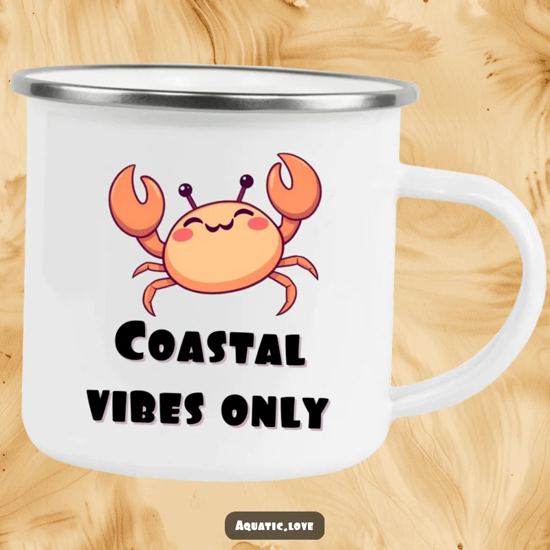 Funny crab camping mug featuring a giggling creature happily scuttling sideways, bringing ocean humor to outdoor activities.