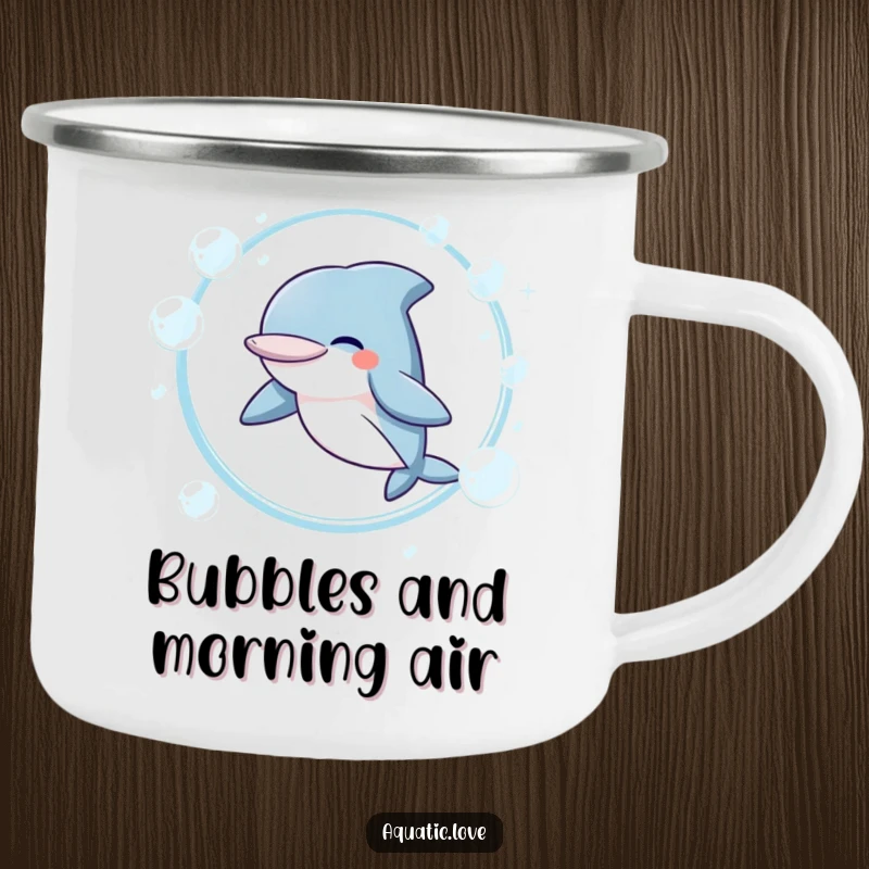 Funny Camping Mug featuring a giggling dolphin character joyfully leaping through a hoop of bubbles, ideal for outdoor fun and laughter.