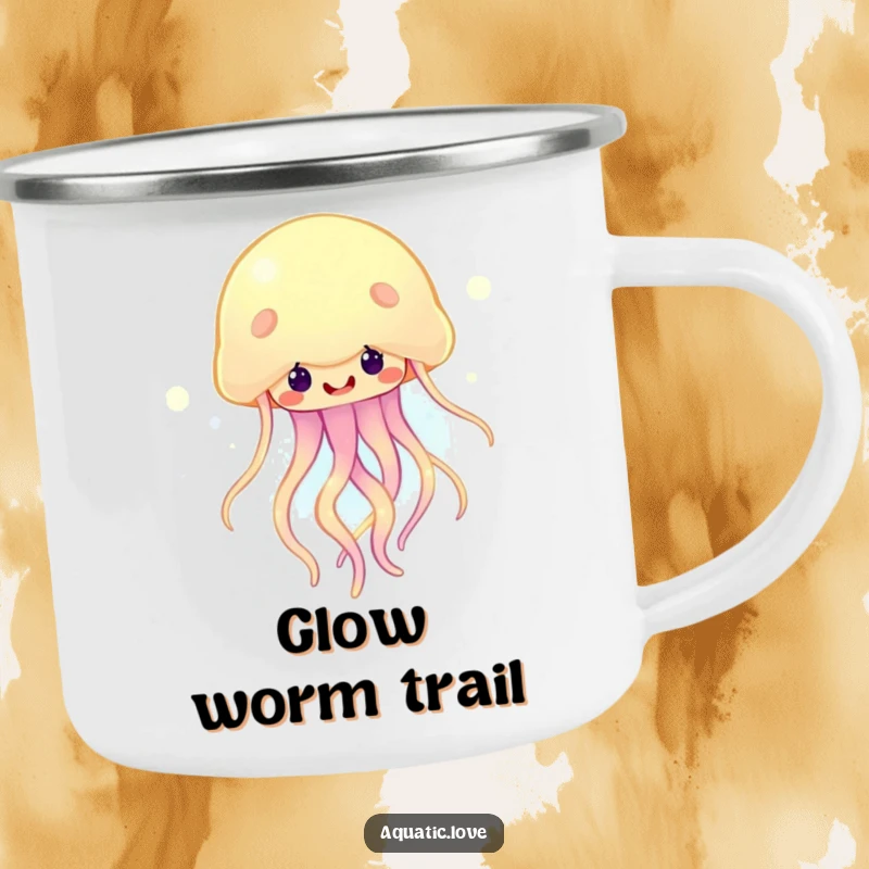 Funny camping mug featuring a happy jellyfish with glowing tendrils bobbing cheerfully, perfect for adding a magical touch to outdoor trips.