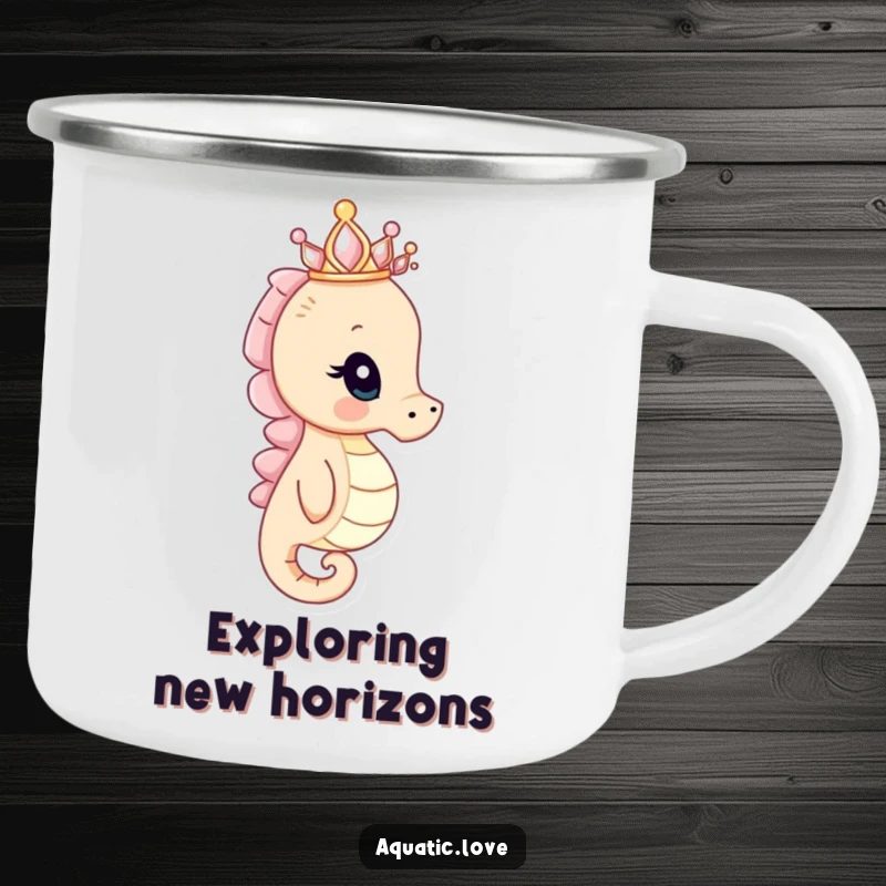 Funny seahorse camping mug featuring a curious creature with a seashell crown peering into the distance, bringing regal humor to camp.