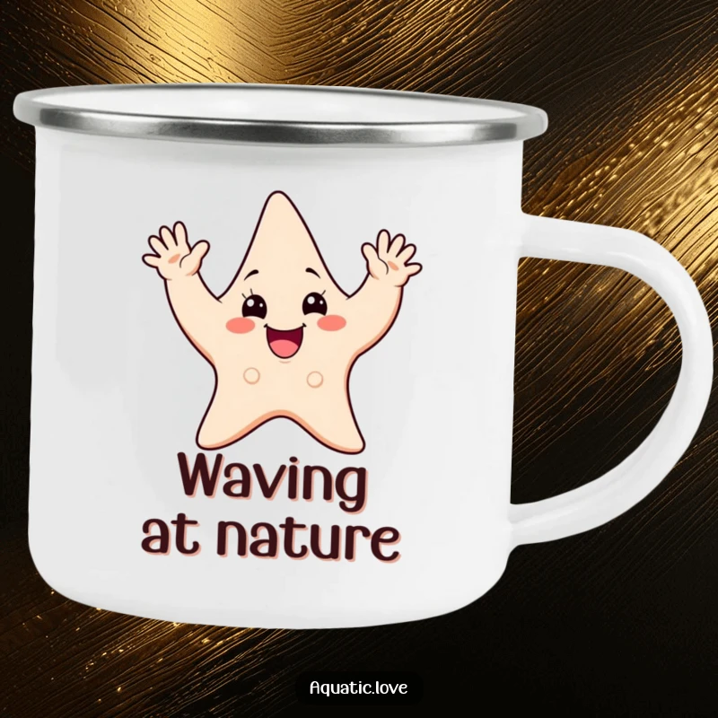 Funny camping mug with a cheerful starfish character waving all its arms enthusiastically, built for adventure and smiles.