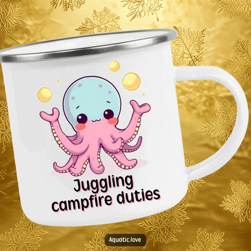 Funny Camping Mug featuring a playful octopus character juggling glowing pearls with its tentacles, bringing magic to outdoor settings.