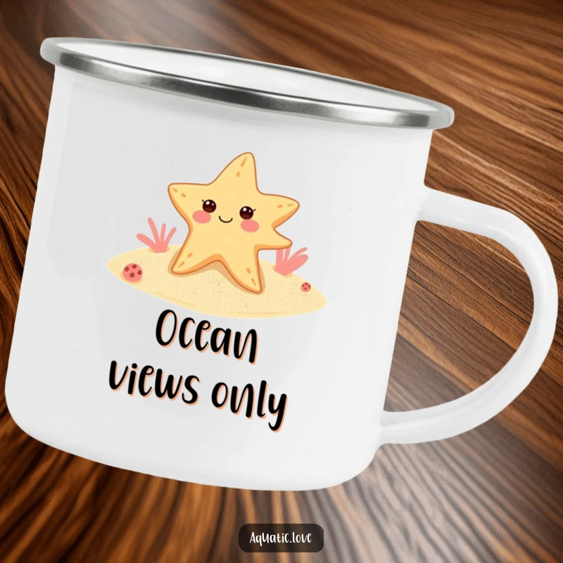 Funny starfish camping mug featuring a cheerful winker in flippers, bringing sandy seabed humor to outdoor adventures.
