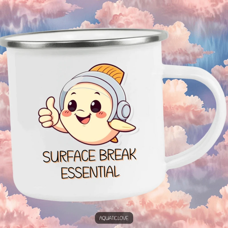 Funny camping mug with a happy fish in a diving helmet giving a thumbs up, built for adventure and smiles.