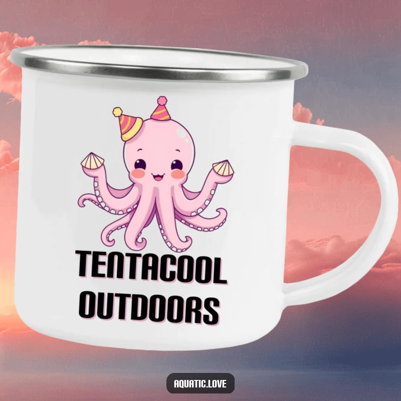 Funny octopus camping mug featuring a delighted creature juggling seashells with tiny hats on each tentacle, bringing whimsical humor to camp.