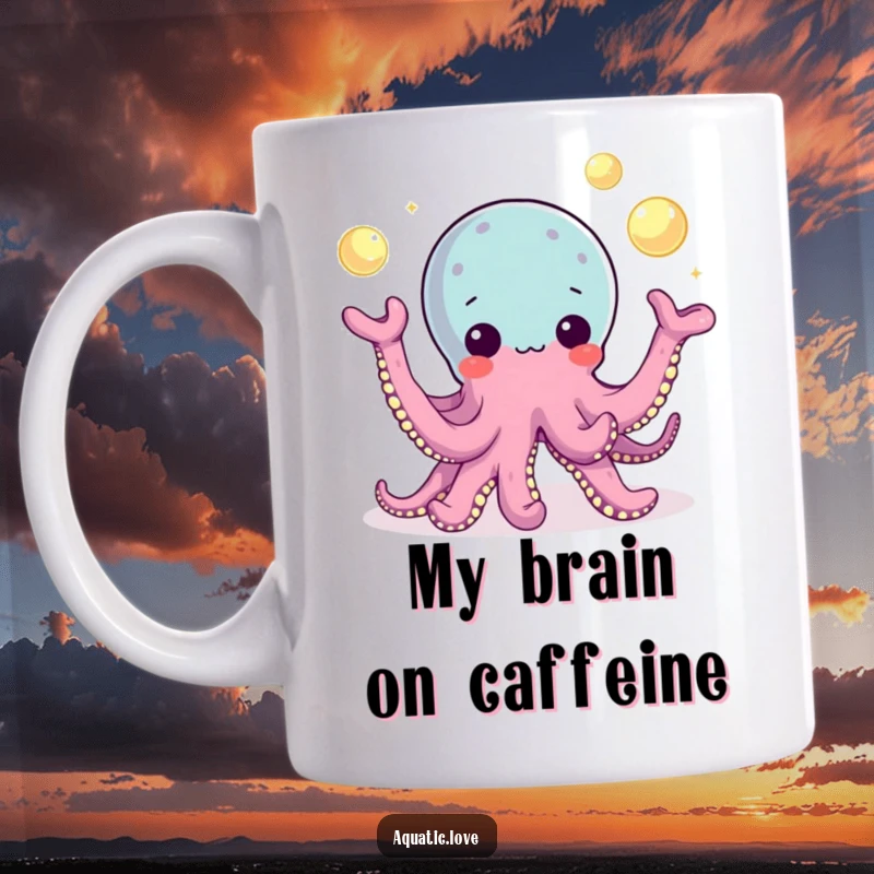 Funny Mug featuring a playful octopus character skillfully juggling several glowing pearls with its multiple tentacles, a mesmerizing sight.