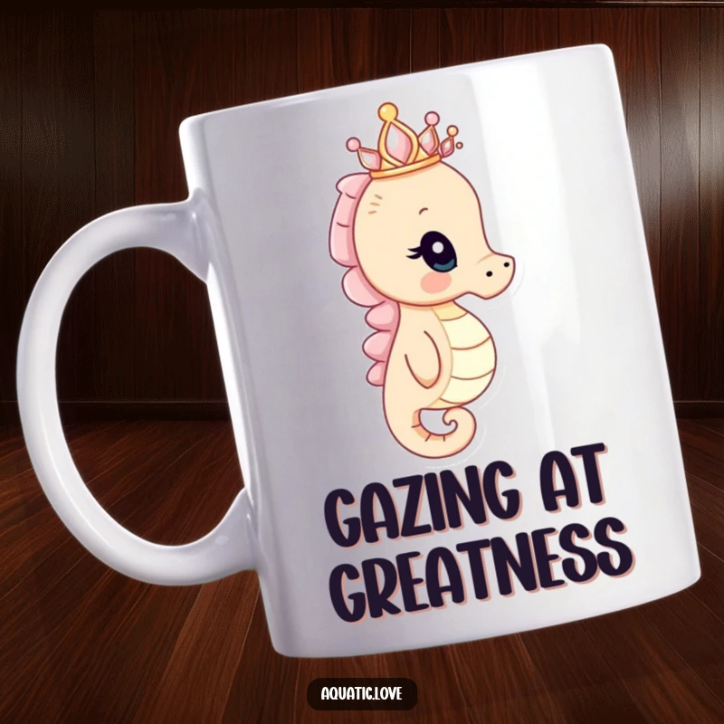 Funny seahorse mug showing a curious creature wearing a tiny seashell crown and peering into the distance, exuding regal ocean humor.
