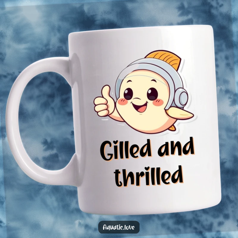 Funny mug featuring a happy fish character wearing a tiny diving helmet and giving a confident thumbs up, radiating joy.