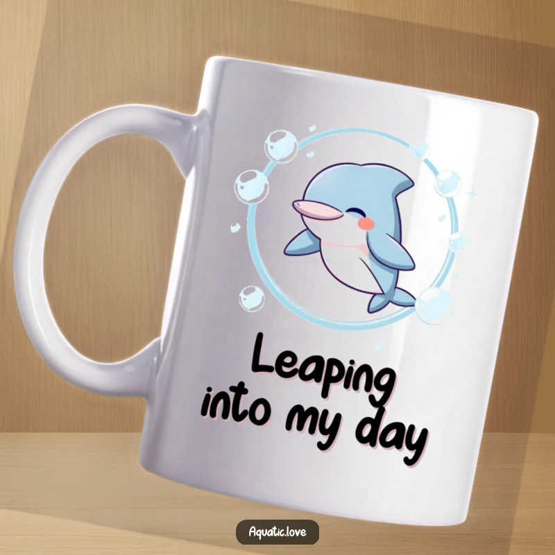 Funny Mug featuring a giggling dolphin character joyfully leaping through a hoop made of shimmering bubbles, radiating happiness.