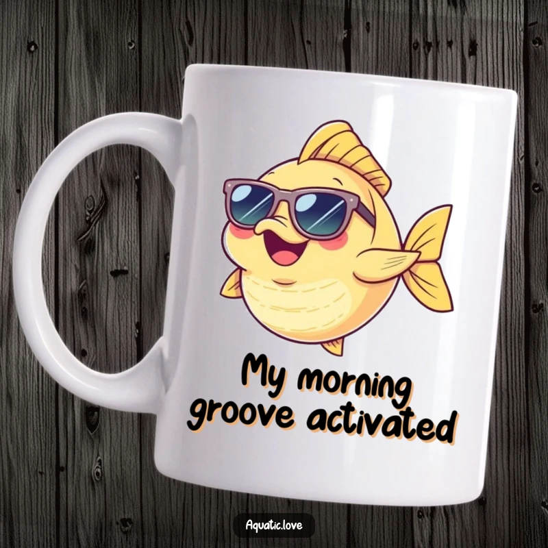 Funny Mug featuring a cheerful fish character in tiny sunglasses, energetically dancing with a joyful expression, perfect for a giggle.