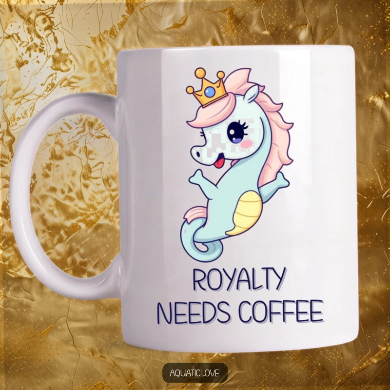 Funny Mug featuring a happy seahorse character dramatically posing with a tiny, sparkling crown perched elegantly on its head.