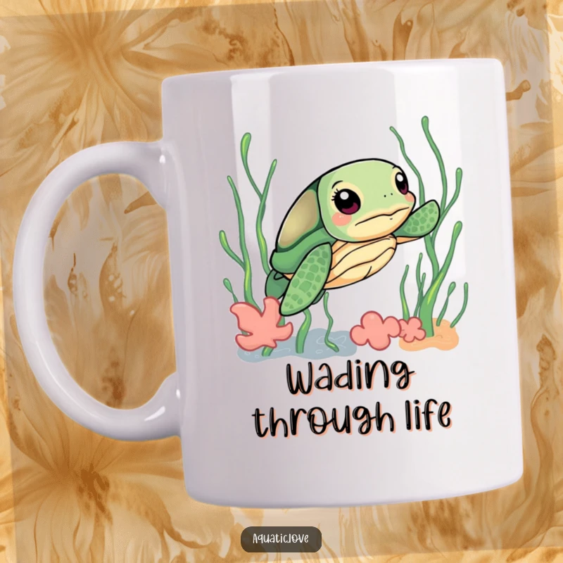 Funny mug featuring a curious sea turtle with a determined expression navigating through whimsical, playful seaweed in the ocean.