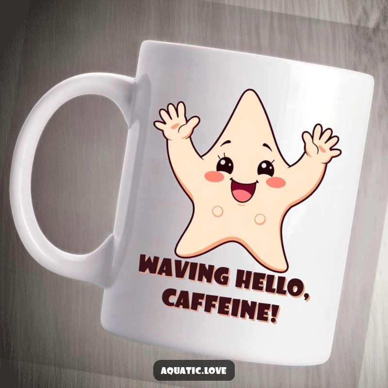Funny mug featuring a cheerful starfish character enthusiastically waving with all five arms, radiating pure joy and friendliness.