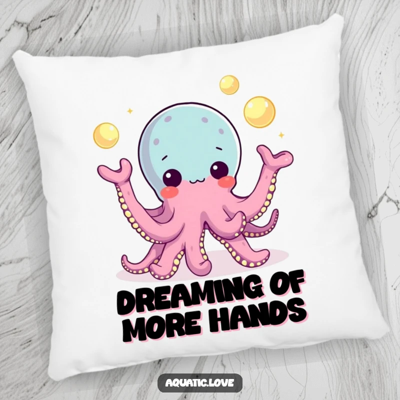 Funny Pillow featuring a playful octopus character juggling glowing pearls with its tentacles, offering comfort and a touch of underwater magic.