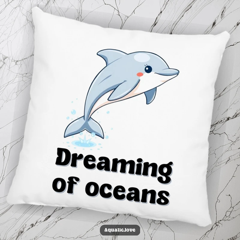 Funny dolphin pillow depicting a playful leap from sparkling water with a bubbly trail, offering comfort and ocean humor.