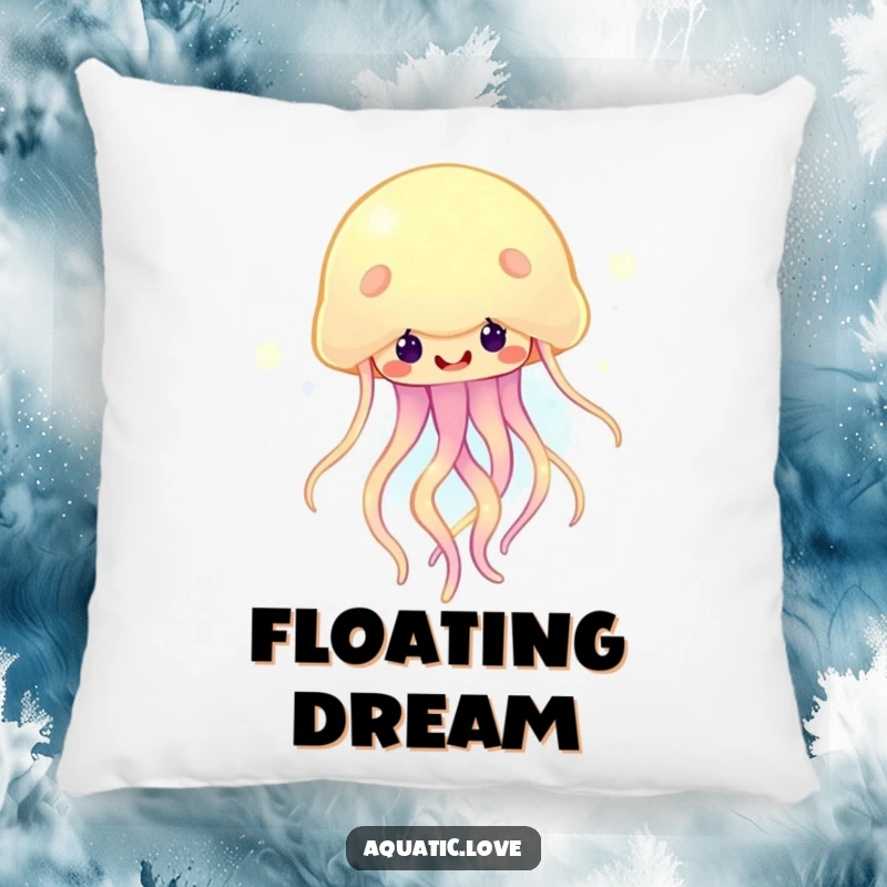 Funny pillow featuring a happy jellyfish with glowing tendrils bobbing cheerfully, offering a soft and radiant addition to any room.