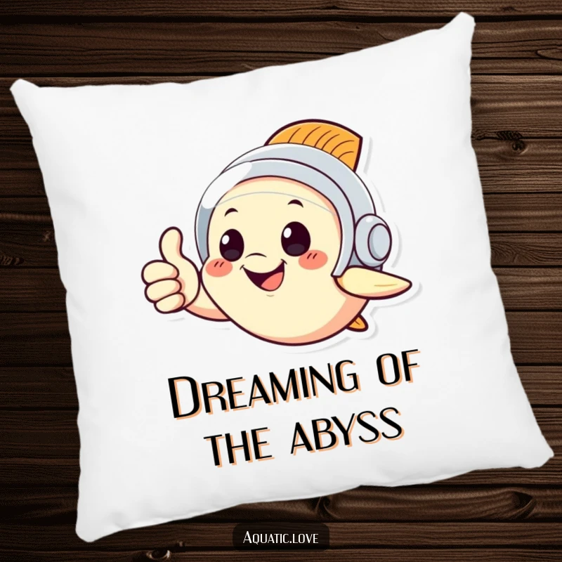 Funny pillow showcasing a happy fish in a small diving helmet, offering a cheerful thumbs up, adding comfort and humor.