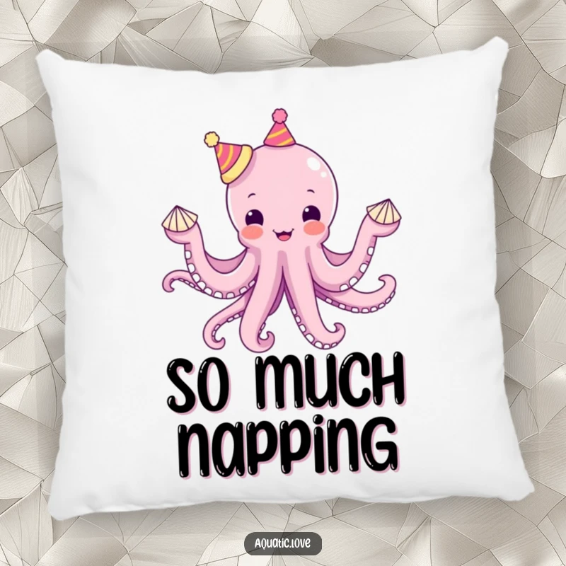 Funny octopus pillow featuring a delighted creature juggling seashells with tiny hats on each tentacle, offering comfort and whimsical humor.