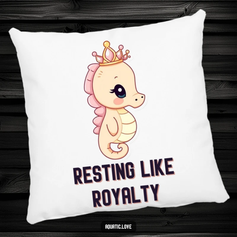 Funny seahorse pillow featuring a curious creature with a tiny seashell crown peering into the distance, offering comfort and regal humor.