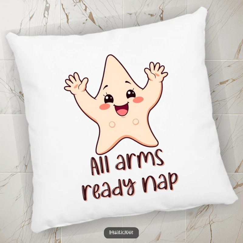 Funny pillow featuring a cheerful starfish character waving all its arms enthusiastically, offering soft comfort and seaside charm.