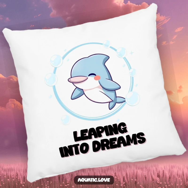 Funny Pillow featuring a giggling dolphin character mid-leap through a hoop of shimmering bubbles, offering comfort and playful vibes.