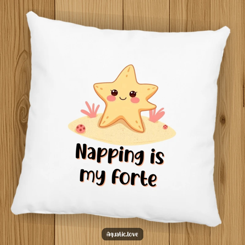 Funny starfish pillow with a cheerful winking creature wearing tiny flippers, offering comfort and seaside humor for any room.