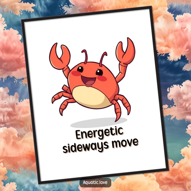 Funny Digital Art Print of a delighted crab character performing an energetic sideways scuttle, full of personality and coastal charm.