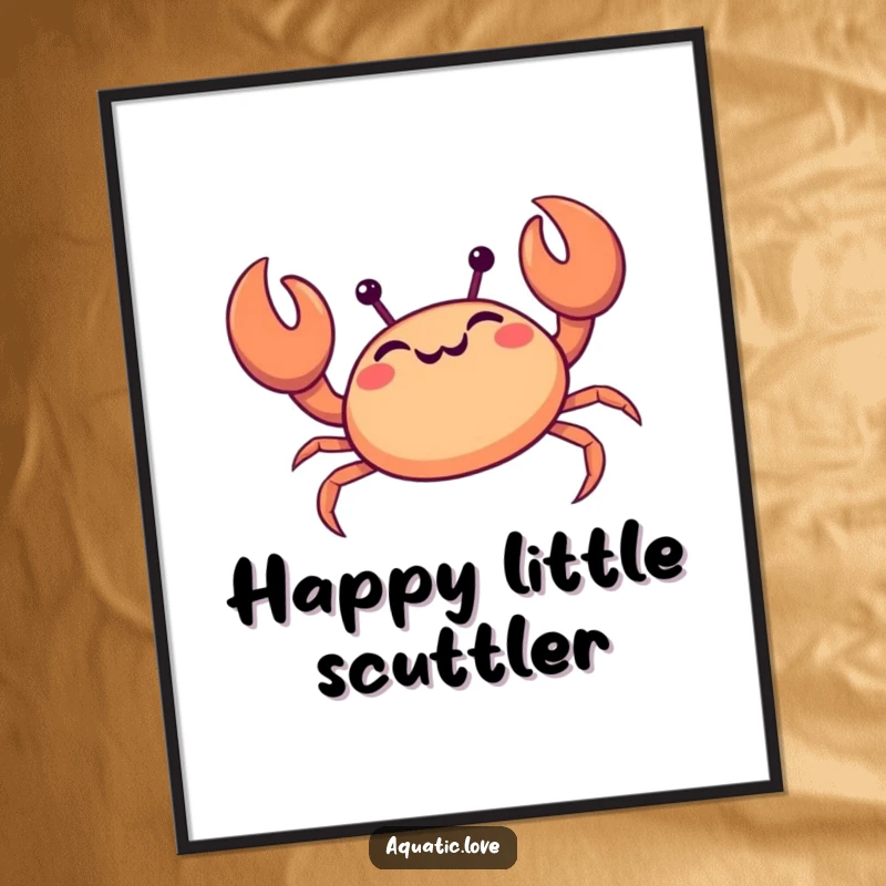Funny crab digital art print of a giggling creature scuttling sideways happily, offering instant ocean humor.