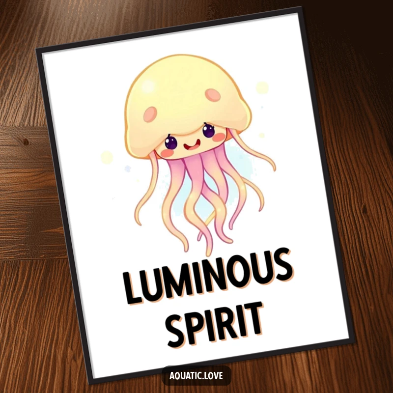 Funny digital art print of a happy jellyfish with glowing tendrils bobbing cheerfully, perfect for adding instant radiance to decor.
