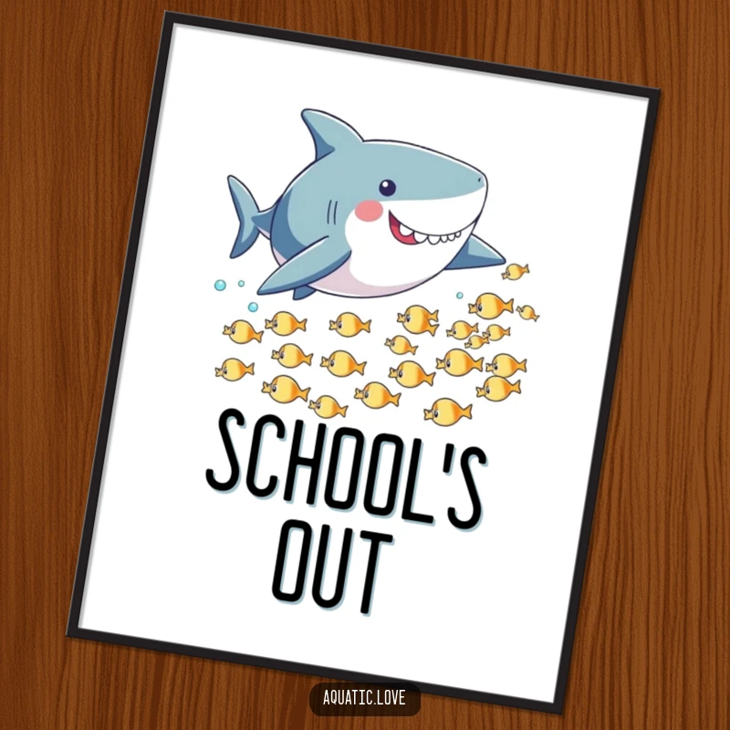 Funny digital art print of a playful shark with small fins playfully chasing tiny fish, perfect for instant energetic decor.