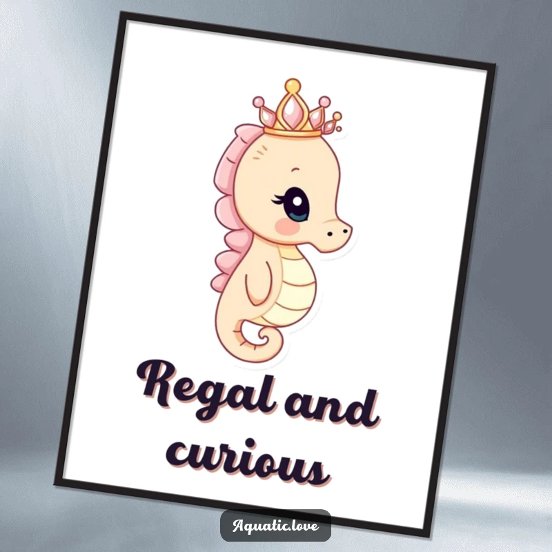Funny seahorse digital art print of a curious creature wearing a seashell crown peering into the distance, offering instant regal humor.