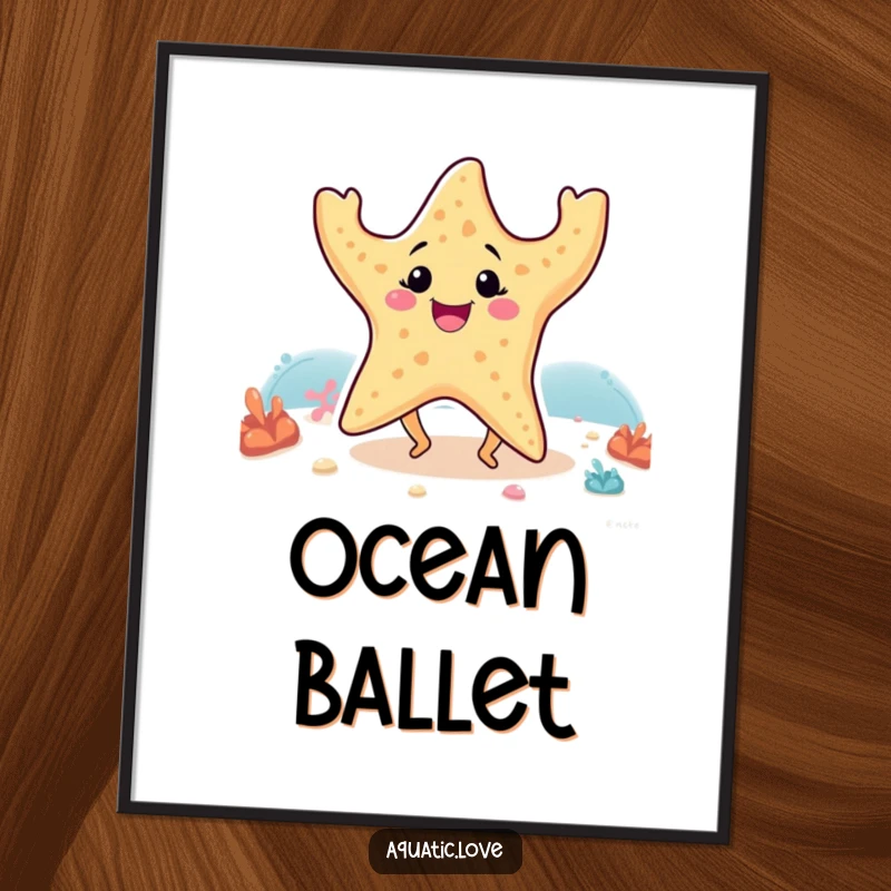 Funny digital art print of a smiling starfish with small legs performing a happy dance on the seabed, ideal for instant wall decor.