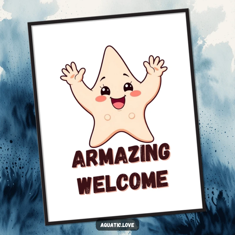 Funny digital art print of a cheerful starfish character waving all its arms enthusiastically, ready to add instant joy.