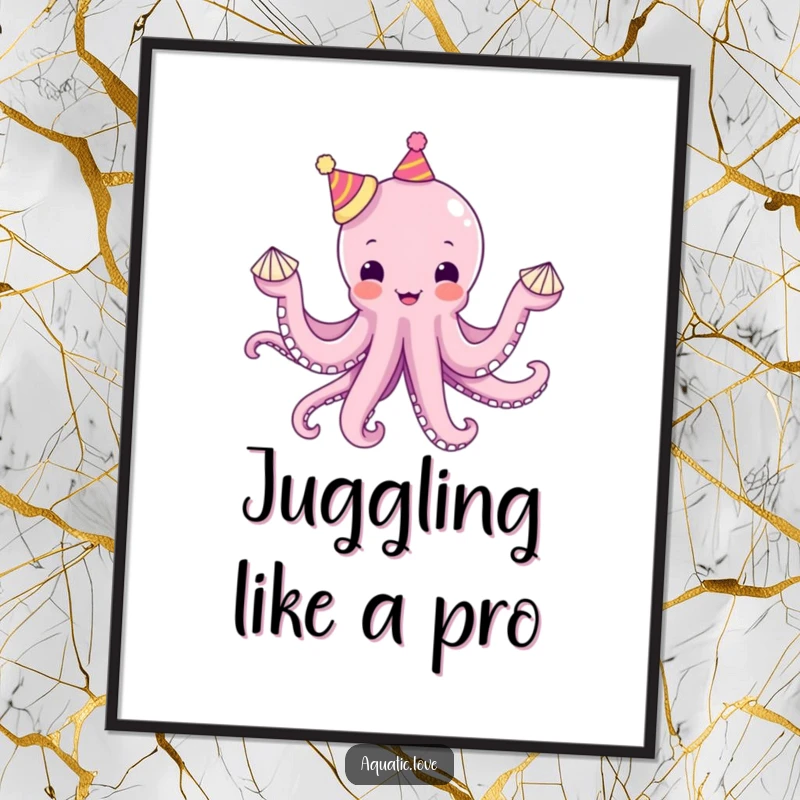Funny octopus digital art print of a delighted creature juggling seashells with tiny hats on each tentacle, offering instant whimsical humor.