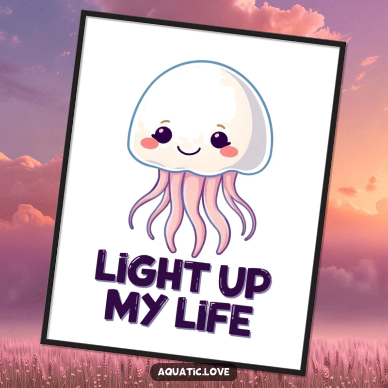 Funny digital art print of a smiling jellyfish character gently pulsating with soft light, ready to add instant calm and beauty.