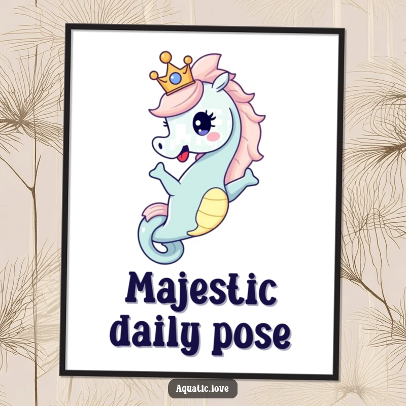 Funny Digital Art Print of a happy seahorse character dramatically posing with a tiny crown, embodying playful royalty and elegance.