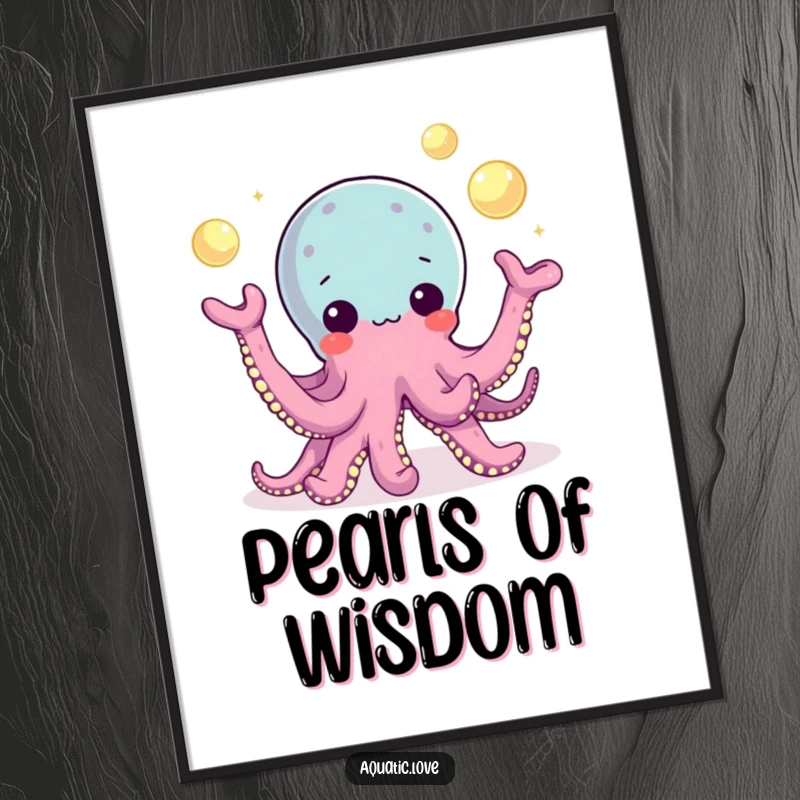 Funny Digital Art Print of a playful octopus character juggling glowing pearls with its tentacles, creating a magical and skillful visual.