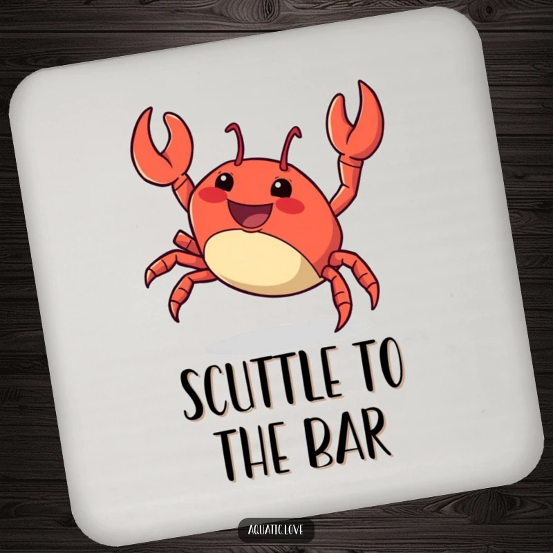 Funny Coaster with a delighted crab character energetically scuttling sideways, offering protection with playful coastal flair.