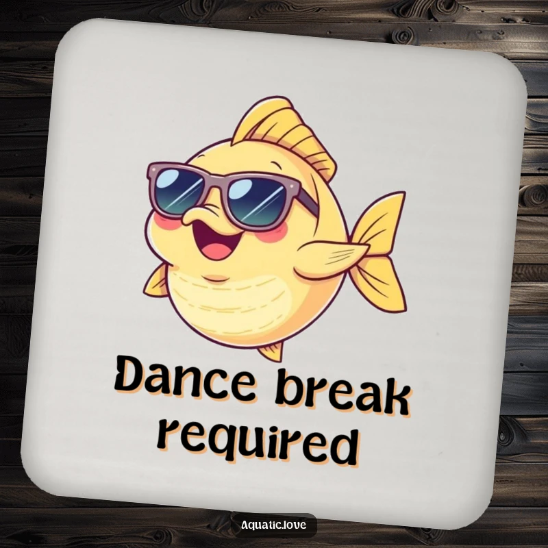 Funny Coaster with a cheerful fish character in tiny sunglasses, performing a funny dance, protecting surfaces with style and humor.